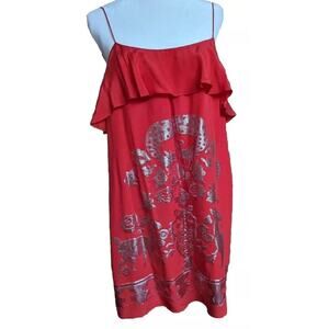 VOOM Joy Han Red Silk Babydoll Dress Women M Ruffle Mini Embroidered Brocade Y2k